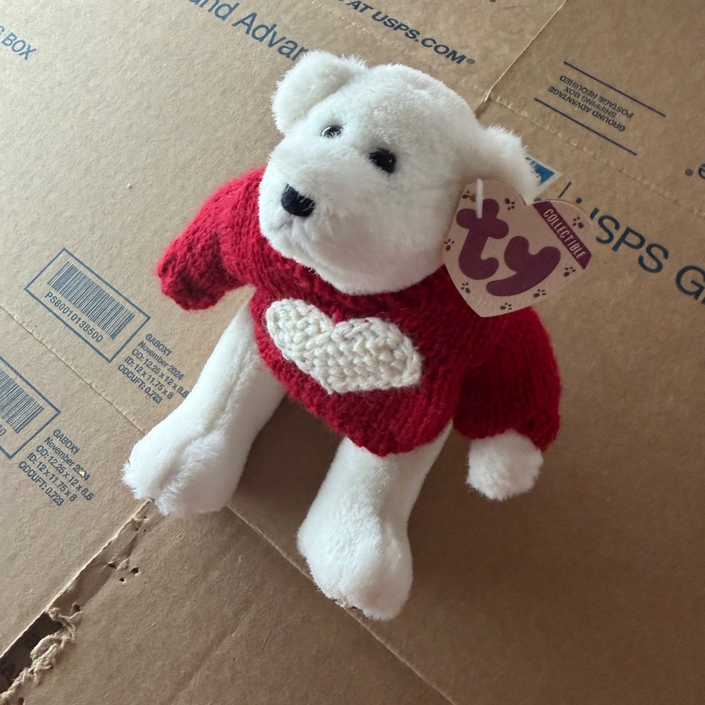 Vintage Ty Beanie Baby White Bear with Red Heart Sweater - Picture 2 of 7